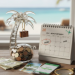 Så sparar du pengar till sommarens drömresa kalender som markerar semesterdatum och spargris formad som en plam med reskassa